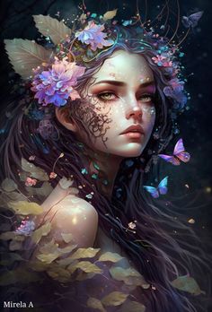 a girl with butterflies on her head and flowers in her hair, surrounded by butterflies