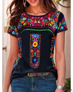 Ebeek - Chic Bohemian Round Neck Tee with Short Sleeves and Print Pattern Spring Bohemian Crew Neck Blouse, Colorful Bohemian Tops With Graphic Print, Spring Bohemian Blouse With Graphic Print, Colorful Bohemian Short Sleeve Tops, Bohemian Patterned Short Sleeve Tops, Bohemian Multicolor Short Sleeve Top, Bohemian Short Sleeve Patterned Tops, Bohemian Crew Neck Blouse For Vacation, Colorful Hippie Tops For Spring