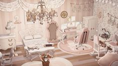 a dollhouse bedroom with pink furniture and accessories on the floor, chandelier hanging from the ceiling