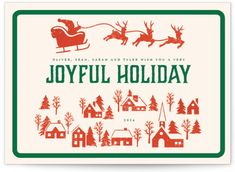 the joyful holiday greeting card features santa's sleigh and reindeers