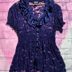 In Like New Condition And Never Worn, Has A Cute Ruffle Trim With Button Down And Sheer Lace Like Material Ruffles Top, Witchy Woman, Fashion Board, Dot Tops, Sheer Lace, Ruffle Trim, Fashion Fashion, Color Purple, Fashion Inspo Outfits