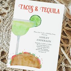 a taco and tequila birthday party is on the table next to some straws