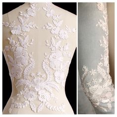 "This listing is for one piece of extra large off white lace applique. Size: 18\" x 11 1/2\" Color: off white / ivory / black Shipping Standard shipping is chosen automatically when you purchasing item and paying the shipping fee. If you would like to change type of mail service please contact me. All packages will be mailed by Canada Posts Domestic orders will take 2-6 business days to arrive , US orders - 4-7 business days, Europe - 7-12 business days.  Any taxes, duties, fees, etc upon delive Fitted Embroidered Cream Lace, Fitted Cream Embroidered Lace, Cream Embroidered Fitted Lace, Cream Lace With Appliques For Wedding, Elegant Fitted Lace With Appliques, Cream Lace With Appliques, Fitted White Dress With Appliques, White Fitted Dress With Appliques, Embroidered Fitted Lace Dress For Wedding