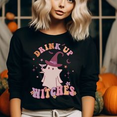 Cute Halloween Ghost Sweatshirt. Be the talk of the Halloween party this spooky season with our fall pullover crewneck sweatshirt! All of our graphic tees, tanks and sweatshirts are made to order. For this listing we use unisex Gildan 18000 soft style pullover crewneck . Please refer to the sizing chart provided in the photos before placing your order, as we do not except returns or exchanges. HOW TO ORDER 1-Choose your t-shirt size from the drop down menu. 2-Choose your t-shirt color carefully. Funny Long Sleeve T-shirt For Fall, Black Long Sleeve T-shirt For Costume Party, Halloween Horror Long Sleeve T-shirt, Spooky Long Sleeve T-shirt For Winter, Horror Long Sleeve T-shirt For Fall, Fall Costume Party Long Sleeve Tops, Funny Long Sleeve Tops For Fall, Long Sleeve Tops For Costume Party, Fall, Long Sleeve Tops For Costume Party In Fall