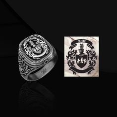 Family Custom Coat Of Arms Ring Introducing our exquisite collection of Custom Coat Of Arms Sterling Silver Rings for men, perfect for those who appreciate timeless elegance with a touch of personalization. Each ring is expertly crafted to showcase a Custom Engraved Signet design, capturing the essence of your unique heraldic family crest. Handcrafted with attention to detail, these personalized jewelry pieces are truly one-of-a-kind. Made from high-quality sterling silver, these rings are not only stylish but also durable. Whether it's a special family heirloom or a gift for a loved one, our Men's Unique Heraldic Family Crest Ring is a cherished keepsake that symbolizes your family's heritage and history. Made to Order Designs Details Metal: 925k Sterling Silver Weight:18-20 gram Color: O Formal Engraved Ring With Maker's Mark, Classic Engraved Signet Ring For Father's Day, Ceremonial White Gold Rings, Ceremonial Hallmarked Jewelry, Custom Engraved Signet Ring For Formal Occasions, Family Crest Rings, Heirloom Rings, Unique Silver Rings, Arm Jewelry