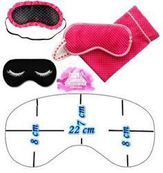 three sleeping masks and two blindes with measurements