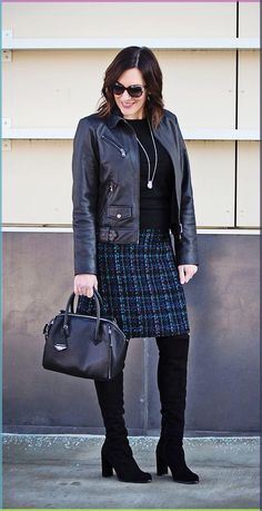 Winter Tweed Skirt Outfit with OTK Boots | Stuart Weitzman Women's Alljill Suede Over-the-Knee Boots | Rebecca Minkoff Mini Perry Satchel | Ann Taylor Button Cuff Sweater | jolynneshane.com #fashionover40 #winteroutfit Tweed Skirt Outfit, Skirts And Boots, Jolynne Shane, Modern Boots, Otk Boots, Skirts With Boots, Popsugar Fashion, Tweed Skirt