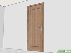 an empty room with a wooden door and tile floor in front of the white wall