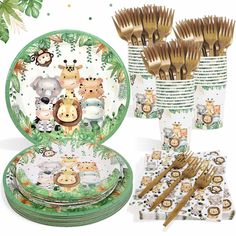 an assortment of animal themed party supplies including forks, plates and cups with animals on them