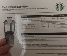 the instructions for starbucks iced shaker espresso are shown in this handout