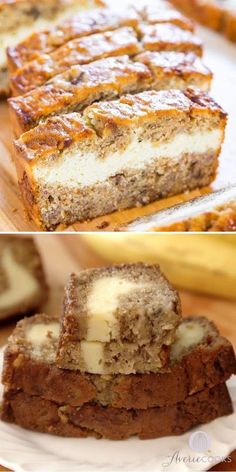 there are two pictures of banana bread on the table and one is cut in half