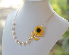 Yellow Sunflower Centered Necklace Sunflower Necklace Trio | Etsy Gold Pearl Flower Necklace, Yellow Flower Necklace, Sunflower Jewelry, Sunflower Necklace, Sugar Land, Pearl Cream, Bib Necklaces, Yellow Sunflower, Yellow Flower