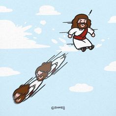 an animated image of jesus and monkey flying through the sky