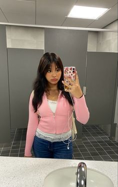 Cute Fall Outfits Coquette, Croquette Aesthetic Outfits Pink, Pink Ribbed Top Outfit, Outfits With Pink Zip Up Hoodie, Pink Outfits With Skirts, Coquette Leggings Outfit, Coquette College Outfits, Pink College Outfits, Pink And Blue Jeans Outfit