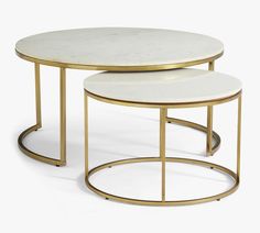 two tables with marble top and gold metal bases, one on each side by the other