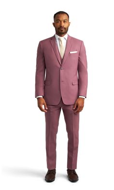 A slim rose pink suit with two buttons and a notch lapel. Classic Pink Blazer With Notch Lapel, Pink Single Button Business Blazer, Pink Single Button Blazer For Business, Pink Tuxedo Blazer With Notch Lapel, Pink Notch Lapel Tuxedo Blazer, Pink Notch Lapel Fitted Tuxedo, Classic Pink Single Breasted Blazer, Pink Single Breasted Blazer With Notch Lapel, Classic Pink Blazer For Business Casual