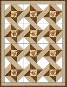 a brown and white quilt with squares on the bottom, one has an animal in it's head