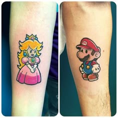 two tattoos on the legs of people with mario and princess peaches tattooed on them