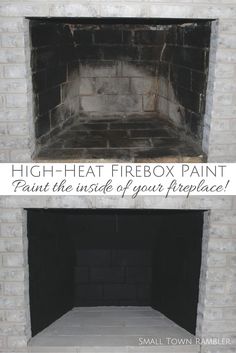 a fireplace with the words high heat firebox paint painted over it's top and bottom