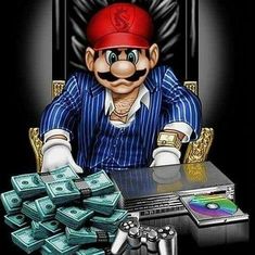 a cartoon character sitting at a desk with stacks of money