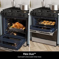 two pictures of an oven with food cooking in it