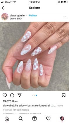 Minimalist Neutral Nails, Classy Colorful Nails, Opposite Nails On Each Hand, Funky White Nails, White Funky Nails, Almond Gel Nail Designs For Summer, Nails Art Easy, Checkered Nails, Nail Art Tips