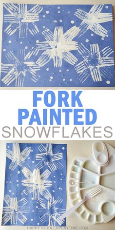 two pictures showing how to make fork painted snowflakes