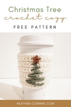 Crochet Christmas Tree Cozy Free Pattern found at heather-corinne.com Beginner Crochet Coffee Cozy, Free Coffee Mug Cozy Pattern, Crochet Christmas Cozies, Cup Cozy Crochet Pattern Christmas, Christmas Cup Holder Crochet, Crochet Christmas Cozy Free Pattern, Free Crochet Coffee Cozy, Diy Crochet Cup Cozy, Knit Koozie Pattern