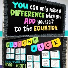 two bulletin boards with words written on them, one saying you can only make a difference when you add yourself to the education