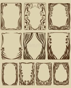 a set of nine vintage frames with floral ornament design elements in sepia