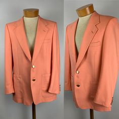 Vintage 70's Lanvin Men's Coral! 2-button sports coat. Center vent  40 Regular  Fully Lined  Made in USA  Imported Fabric  Good condition. Has stain on the right lapel and back shoulder. Retro Style Formal Blazer With Welt Pockets, Retro Blazer With Welt Pockets For Formal Occasions, Retro Formal Sport Coat With Welt Pockets, Retro Business Blazer With Welt Pockets, Retro Formal Outerwear With Notch Lapel, Retro Formal Sport Coat With Notch Lapel, Retro Blazer With Welt Pockets For Business, Tailored Retro Sport Coat For Formal Occasions, Retro Tailored Sport Coat For Formal Occasions