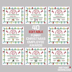 four christmas employee cards with the words'40 editable funny christmas employee awards '