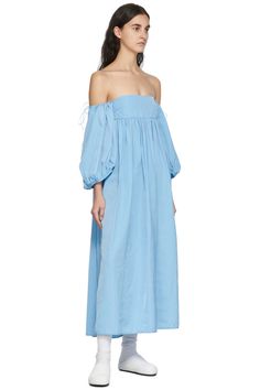 Cecilie Bahnsen: Blue Holly Mid-Length Dress | SSENSE Spring Cotton Off-shoulder Dress, Summer Midi Dress With Gathered 3/4 Sleeves, Blue Off-shoulder Dress With Gathered Sleeves, Summer Off-shoulder Dress With Gathered Sleeves, Spring Off Shoulder Dress With Gathered Sleeves, Blue Holly, Cecilie Bahnsen, Mid Length Dresses, Three Quarter Sleeves