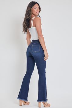 Add some retro-flare to any look with these essential jeans! Our Women's High Rise Super Flare Jean features a high-rise and a flared silhouette to give you a super flattering fit and the look of legs for days! Designed with a frayed hem to add some extra drama! Style them casually with a graphic tee and western-style booties, or dress them up with a bodysuit and heels. Either way, you’ll be sure to turn heads in these!Product Details- High-Rise - Flare Silhouette - 1-Button Closure with Zipper Stretch High Rise Medium Wash Flares, Fitted Flare Jeans In Medium Wash, Stretch High Rise Dark Wash Flares, High Rise Stretch Dark Wash Flares, Stretch High Rise Flare Jeans In Dark Wash, Dark Wash Stretch High Rise Flare Jeans, Dark Wash Stretch Flare Pants, Dark Wash Stretch Flares With Flared Hem, Stretch Dark Wash Flares With Flared Hem