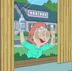 a cartoon character is looking out the window and holding up her hand in front of her face