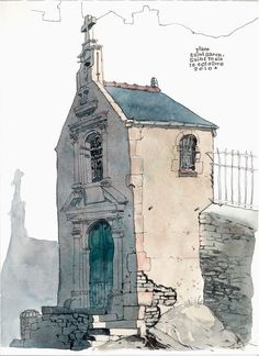 a drawing of an old church with a steeple on it's roof and a blue door