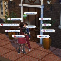 two people standing next to each other in front of a building with lots of chat bubbles