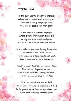 a poem written in pink flowers with the words, eternal love and an image of two hearts