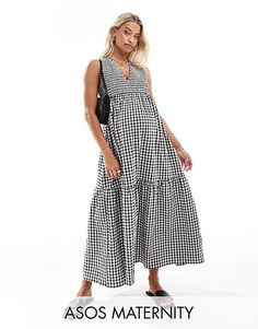 ASOS DESIGN Maternity v-neck crinkle midi sundress with tiered skirt in mono gingham | ASOS Gingham Fashion, Capsule Wardrobe Outfits, Midi Sundress, Asos Maternity, Petite Maternity, Shop Maxi Dresses, Tiered Skirt, Skirted Swimwear, Plus Size Pregnancy