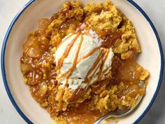 a bowl filled with dessert and ice cream