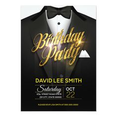 a black and gold birthday party card with a tuxedo wearing a bow tie