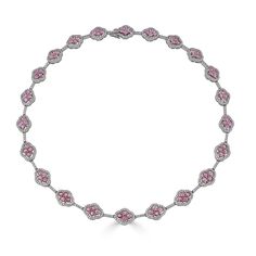 Approx. 12.50 carats Round Pink Sapphires Approx. 4.30 carats Round Diamonds Necklace Set in 18K White and Rose Gold Necklace length: 16.25 inches Luxury Marquise Gemstone Necklaces, Luxury Marquise Gemstone Necklace, Exquisite Pink Gemstone Necklaces, Exquisite Pink Gemstone Necklace, Formal Pink Diamond Necklace, Pink Oval Jewelry With Pave Setting, Luxury Pink Marquise Jewelry, Pink Oval Cubic Zirconia Necklaces, Pink Oval Cubic Zirconia Necklace