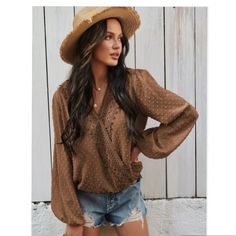 -Dotted Long Sleeve Blouse -Lace Trim At Surplice Front -Color: Brown -Flowy Fit You Will Receive 1 In This Bundle High Neck Sleeveless Top, Blouse Lace, Flowy Blouse, Swiss Dot, Dressy Tops, Wrap Blouse, Print Tunic, Long Sleeve Tunic, Sheer Sleeves