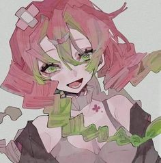 a drawing of a woman with pink hair and green eyes holding a flower in her hand