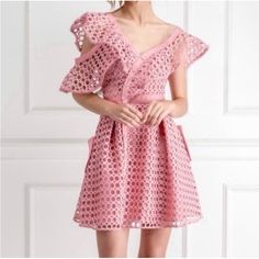 Self Portrait Asymmetrical Lace Guipure Frill One Shoulder Mini Dress In Pink Features Mesh Like Guipure Lace Fabric, Curving Placket That Runs Diagonally Across The Front Of The Front, Fastening With Tonal Covered Buttons. - Women’s Size Xs (0-2) - Waist: 12.5”, Length: 30”, Bust: 14.5” - Asymmetrical Neckline - Short Flutter Sleeves - Grosgrain Ribbon Waistband - Side Button-Flap Pockets - Fitted Bodice - Lightly Voluminous Mini Skirt - Lined - Retail $510 - Polyester Body - Excellent Condition Note: Care Tag And Brand Tag Have Been Removed Summer Cocktail Asymmetrical A-line Dress, Feminine Asymmetrical Summer Cocktail Dress, Pink Knee-length Asymmetrical Dress For Spring, Fitted V-neck Asymmetrical Dress For Spring, Spring Evening Asymmetrical Short Sleeve Dress, Spring Evening Asymmetrical Dress With Short Sleeves, Evening Asymmetrical Dress For Spring With Short Sleeves, Spring Knee-length Asymmetrical Cocktail Dress, Feminine Asymmetrical Evening Dress