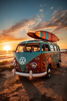 an old vw bus parked on the beach at sunset