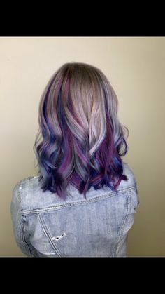 Grey And Purple Hair, Oil Slick Hair Color, Galaxy Hair Color, Salon Blue, Oil Slick Hair, Silver Hair Highlights, Baylage Hair, Asymmetrical Haircut