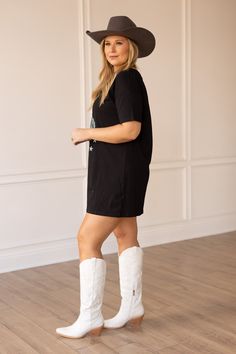 Our skystrum t-shirt dress is the perfect way to compliment your urban cowgirl aesthetic. Made of our signature t-shirt material, it's sure to keep you cool and comfortable all day long. Perfect for concert outfits or just lounging around the house, this is sure to be your new go-to piece. Material: 65% Cotton 35% Polyester Fit: Oversized Our model is wearing a size One Size Black T-shirt For Day Out In Fall, Black T-shirt For Fall Day Out, Casual Cotton T-shirt Dress For Fall, Black Fall T-shirt For Day Out, Oversized Casual T-shirt Dress For Fall, Graphic Tshirt Dress Outfit Western, Black Oversized T-shirt For Day Out, Casual Black T-shirt Dress For Fall, Trendy Black T-shirt Dress For Spring