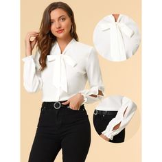 Modern and elegant, this shirt is styled with softly chiffon fabric. There's nothing like a touch of chiffon to elevate your style, and this blouse also features a bow tie-neck for a put-together look. Elastic ruffle cuffs instantly elevate this shirt and make it a sophisticated choice for day or night. Suitable for casual, dating, office, work, formal, and daily wear. This shirt brings elegance to whatever outfit you're putting together. Feminine Tie Neck Blouse With Bow, Feminine Office Tops With Bow Detail, Chic White Blouse With Tie Sleeves, White Tie Sleeves Blouse For Office, Feminine Bow Tops For Workwear, Feminine Tops With Bow And Tie Neck, Feminine Bow Tops For Work, Trendy Tie Neck Office Tops, Feminine Tops With Bow For Workwear