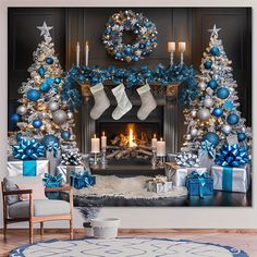 a fireplace decorated with blue and silver christmas decorations